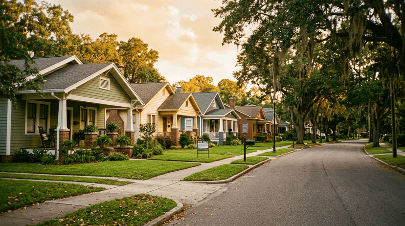 A quiet residential street with craftsman bungalows at golden hour