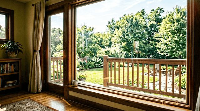 Warm afternoon light through a window overlooking a backyard