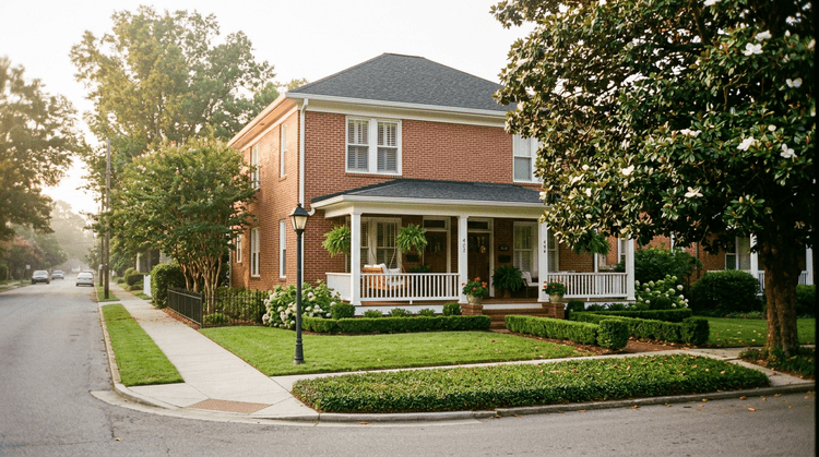A well-maintained brick home on a quiet Southern street